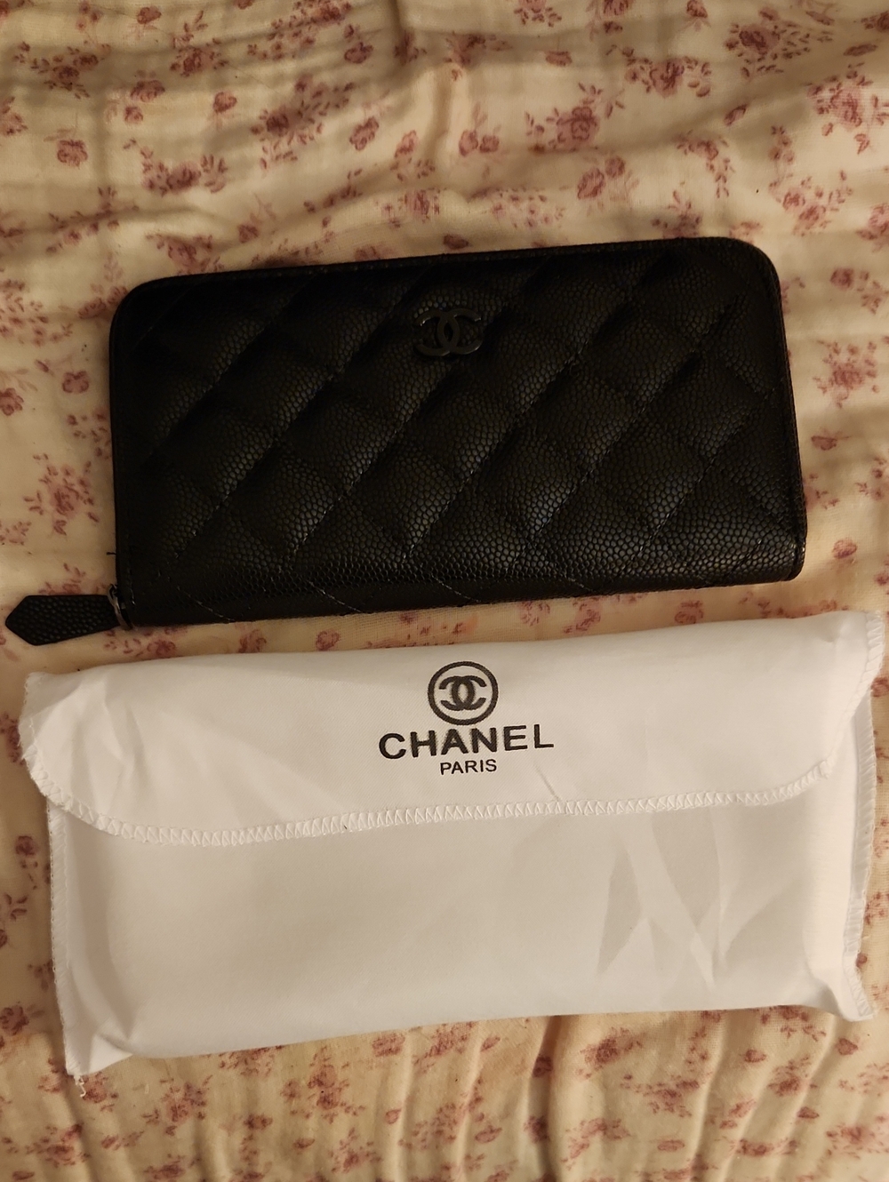 Black Quilted Zip-Around Wallet with CC Logo